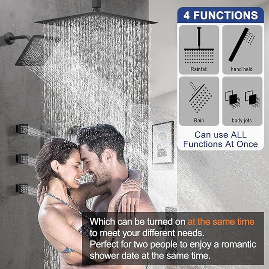 Black Shower Faucet Set Dual Shower Heads with 16" Ceiling Mounted Rain Shower Head & 6" Wall Mounted Head 4 Function Full Body Shower System with body jets,Matte Black