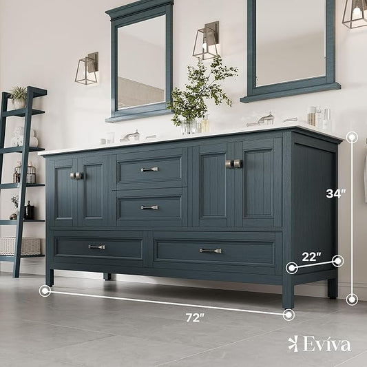 Eviva Britney 72 in. Ash Blue Double Sink Bath Vanity with Carrara Quartz Top and Undermount Porcelain Sinks