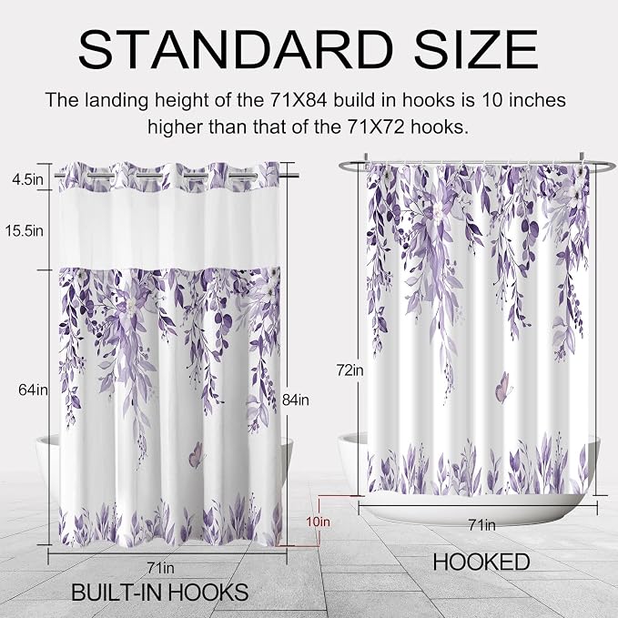 No Hook Shower Curtain and Liner Set, Light Purple Eucalyptus 71x84 | Floral Design, with Snap in Liner, See-Through Top Window, Waterproof, Machine Washable, Quick-Drying, for Hotel Bathroom