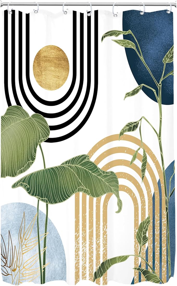 Glawry Navy Blue Boho Shower Curtain Small Stall Abstract Mid Century Light Blue Tropical Palm Sun Plant Minimalist Bathroom Modern 48Wx72L Inches Bath Accessories Art Home Decor Fabric 8 Pack Hook