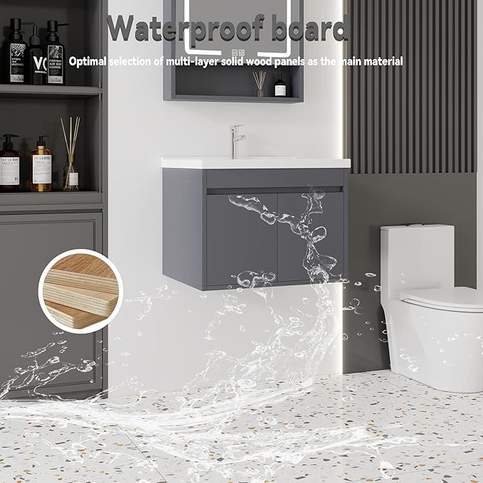 24'' Bathroom Vanity with Ceramic Sink Combo, Wall Mounted Small Bathroom Vanity with Soft-Close Door Modern Floating Cabinet, Pop-up Drain, P-Trap Included, Gray(No Faucet)