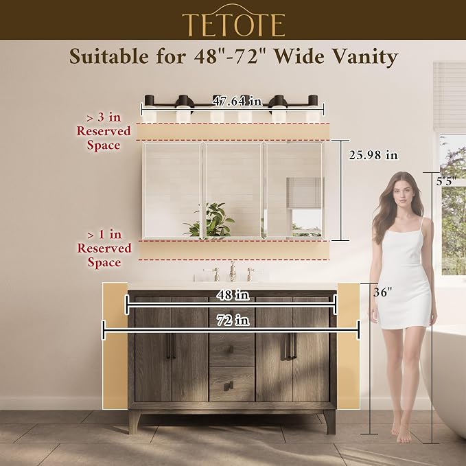 TETOTE 48 x 26 Bathroom Mirror with Storage with Tempered Beveled MirrorBlackMedicine Cabinet Aluminum Cabinet DTC Hinges, Stepless Adjustable Shelves, Recessed/Surface-Mounted