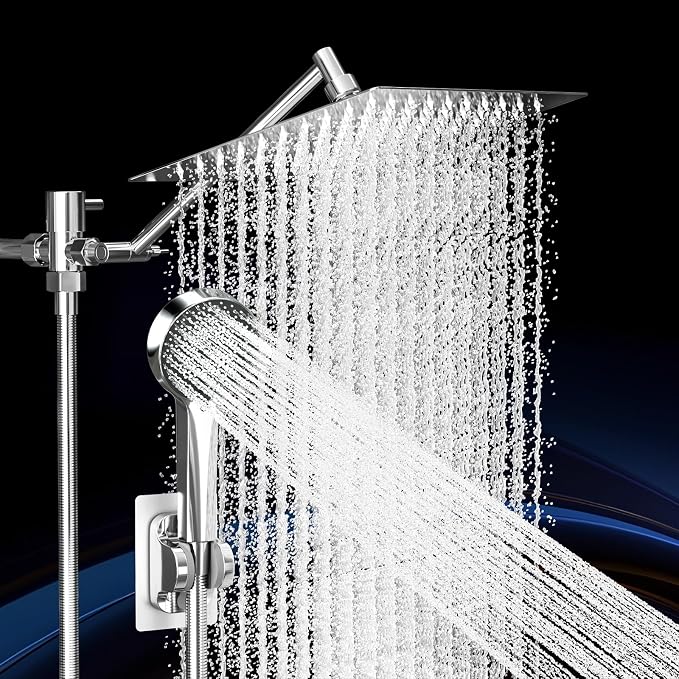 Shower Head, Rain Shower Head with Handheld Spray Combo, 10 Inch Adjustable High Pressure Rainfall Shower Head, Dual Showerhead Set with Extension Arm and 60 Inch Long Shower Hose (Silver)
