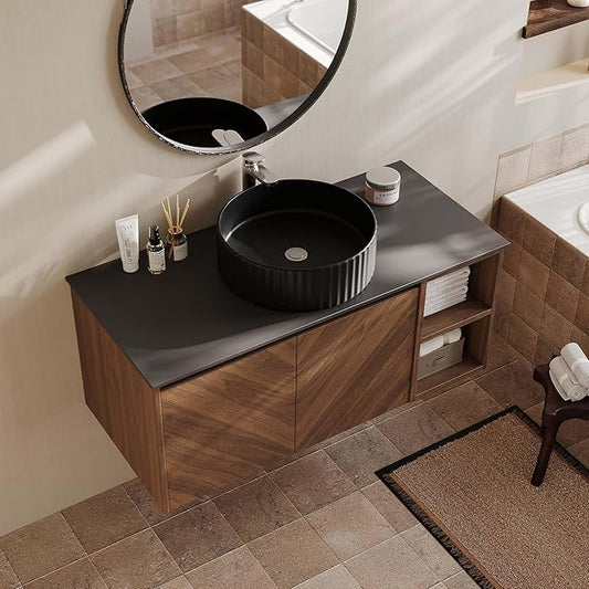 36 Inch Floating Vanity Bathroom with Single Sink, Wall-Mounted Floating Bathroom Cabinet with Sintered Stone Countertop & Black Ceramic Basin, Ample Storage and Open Shelves, Dark Wood