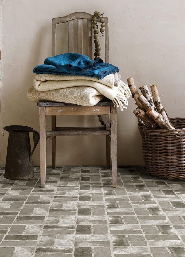 FloorPops Harvard Brick Grey Peel and Stick Floor Tiles, Farmhouse Vinyl Floor Tiles, Water Resistant, 12 in x 12 in, Pack of 10