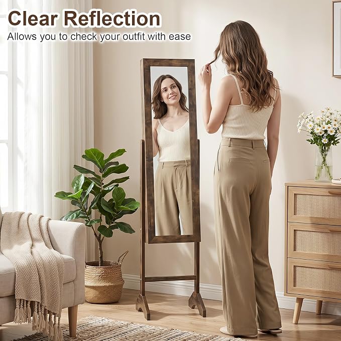 Giantex Jewelry Armoire with Full Length Mirror, Freestanding Jewelry Organizer Cabinet with Ring Slots, Earring Holders, Necklace Hooks & Storage Shelves for Bedroom (Rustic Brown)