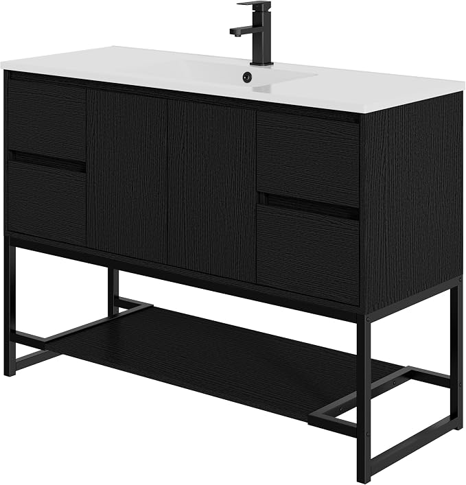 LUCKWIND 48" Modern Bathroom Vanity with Single White Sink Combo, Freestanding Storage Cabinet with Metal Frame, Matte Black Faucet and Open Shelf and 2 Soft-Closing Door, Black
