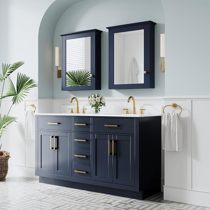 60-Inch Bathroom Vanity with Double Sinks W/ 4 Doors & 4 Drawers & 2 Flip Drawers, Navy Blue Vanity W/Brushed Gold Handles