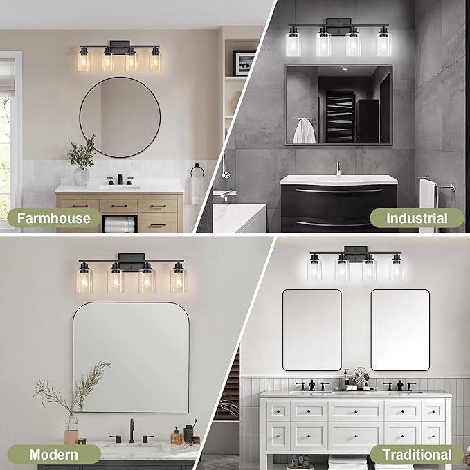 Modern Bathroom Light Fixtures, 4 Light Vanity Lights Over Mirror, Black Wall Lamp with Clear Glass for Living Room Cabinet Bedroom Porch