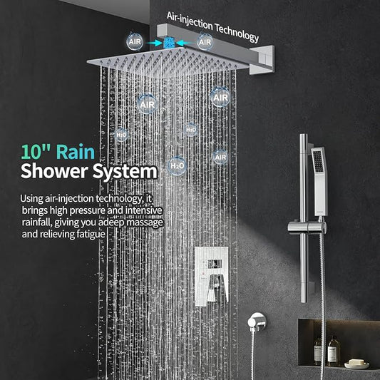 SR SUN RISE 10 Inch Square Shower System with Slide Bar,Polished Chrome | Rain Head and Handle System,16" Adjustable Shower Slide Bar,Soild Brass,Wall Mount,Included Valve and Trim Kit