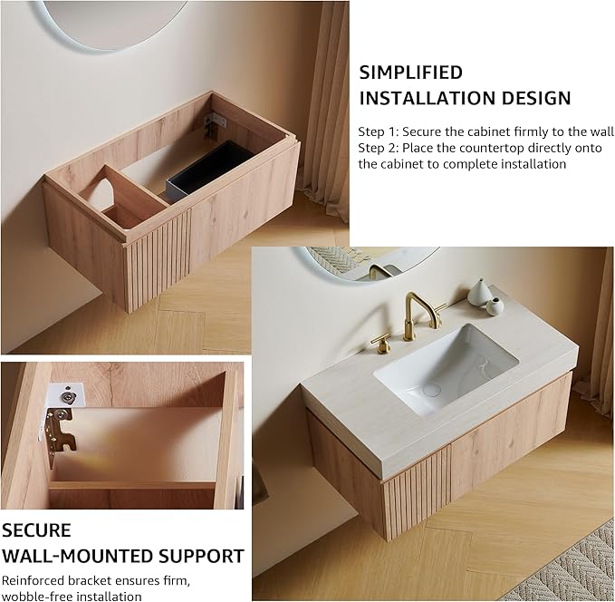 36” Floating Bathroom Vanity with Sink, Wall-Mounted Cabinet with Drawer & Doors, Roma Travertine-Pattern Countertop, Undermount Basin, 3 Faucet Hole, Soft-Close, Pre-Assembled, Light Oak