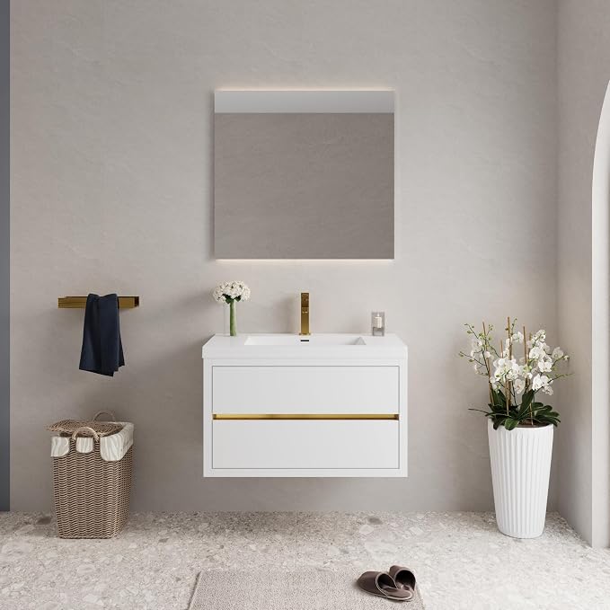 36" Floating Bathroom Vanity with Sink, Wall-Mounted Bathroom Storage Vanity Cabinet with Resin Top Basin and Soft Close Drawers, Fully Assembled, Glossy White