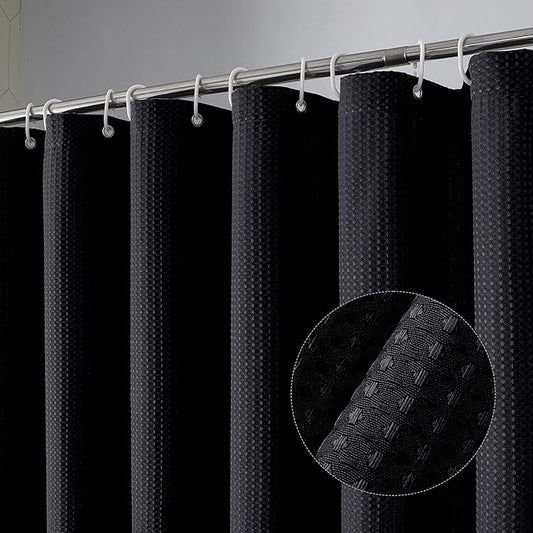 OVZME Extra Long Shower Curtain Set - 84 Inch Long Waffle Weave Heavy Duty Cloth Shower Curtain for Bathroom, Luxury Weighted 230GSM Bath Curtain Set with 12 Plastic Hooks, 72x84, Black