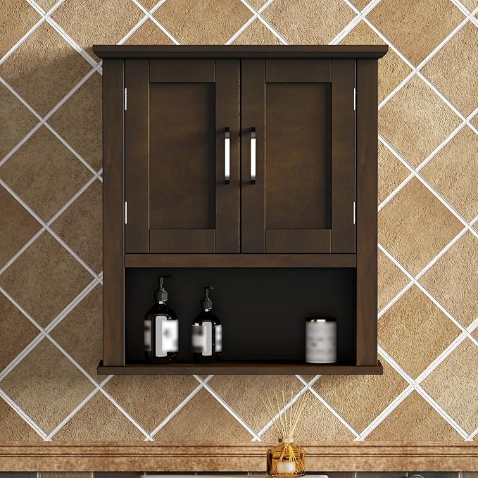 ChooChoo Wood Bathroom Wall Cabinet with Doors, Walnut Medicine Cabinet | Rustic Over The Toilet Storage Cabinet, Adjustable Shelf, Open & Concealed Storage, 7.5 x 21.6 x 24 Inches