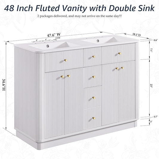 T4TREAM 48 Inch Bathroom Vanity with Sink, Modern Fluted Large Double Sink Bathroom Vanity with 2 Storage Cabinets, Adjustable Shelf, and 2 Drawers, Solid White