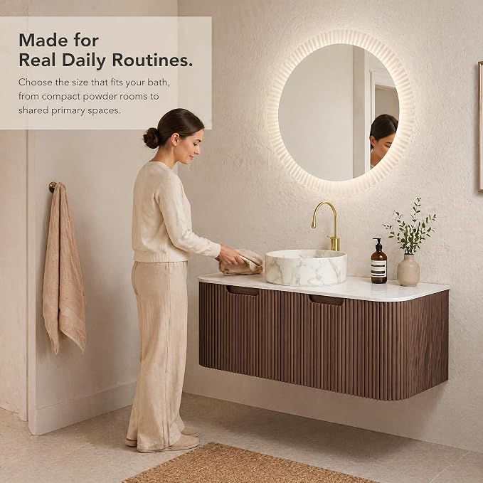 48 Inch Bathroom Vanity with Sink, Floating Wall Mounted Single Sink Vanity, Dark Walnut Curved Fluted Front, Stone Top, Marble-Look Round Vessel Basin, Pre-Assembled
