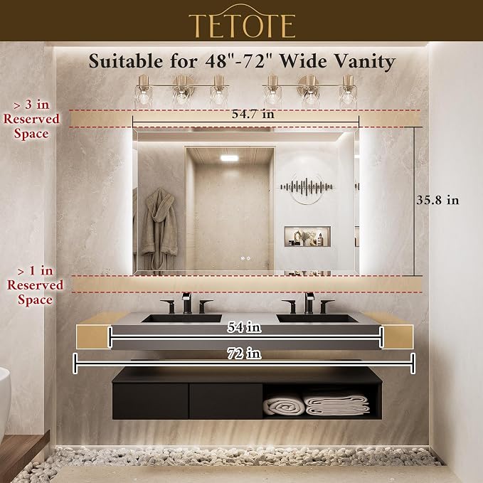 55 x 36 Backlit Bathroom Mirror, Frameless LED Mirror for Bathroom, Tempered Glass, 3 Colors Lights, Defogging, Adjustable Brightness, Smart Bathroom Mirror, Lighted Mirrors for Bathroom Wall
