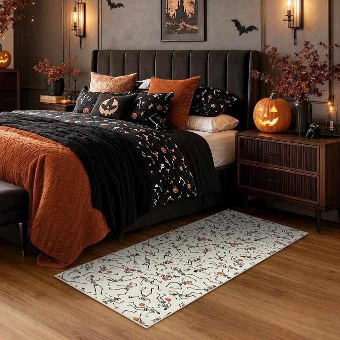 Tribesigns Halloween Runner Rug for Kitchen Non Slip 2x6 Washable Rugs with Rubber Backing, Ultra Thin Skeleton Carpet Runners for Hallways Beside Laundry Bathroom Decor, Beige/2x6