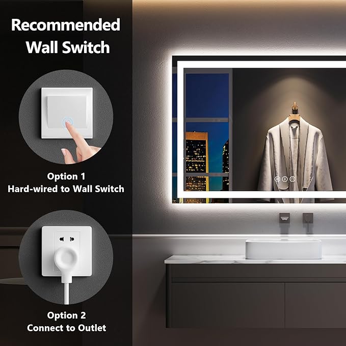 60x40 LED Bathroom Mirror with Lights, Lighted Vanity Mirror | Backlit and Front Light, Anti-Fog, 3 Color Dimmable, Memory, Tempered Glass, IP54 Waterproof, UL Listed