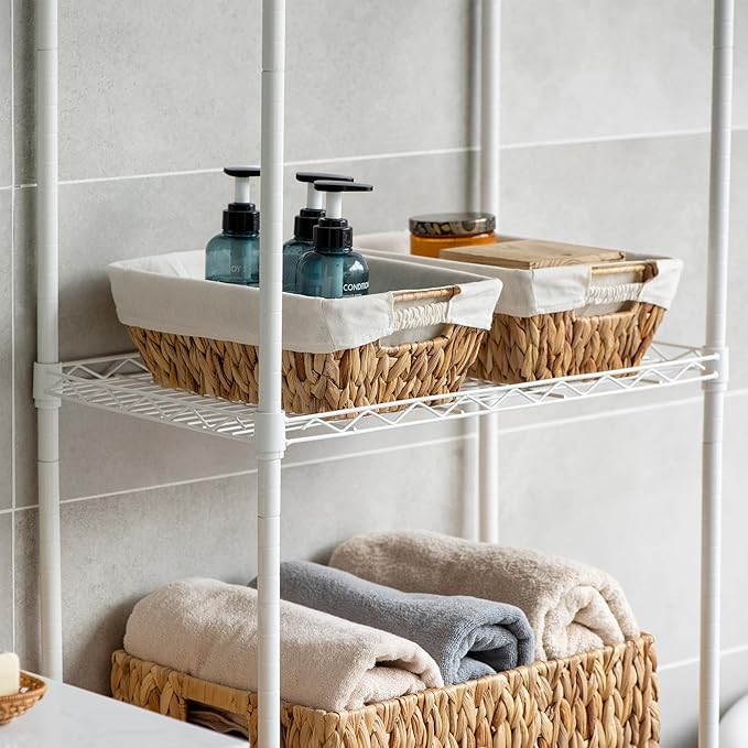 Wicker Storage Baskets with Liners, Water Hyacinth Storage Baskets with Built-in Handles Handwoven Shelf Baskets Storage Boxes Organizers for Clothes/Dresser/Bathroom/Shelves/Towels, 2 Pack