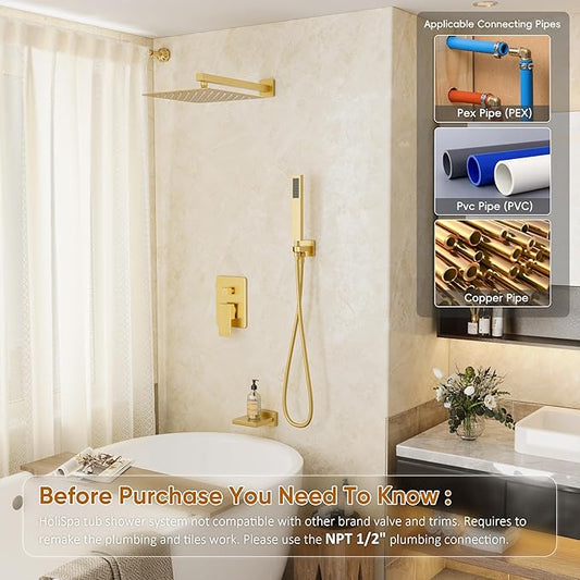 Gold Shower System with Tub Spout, All Metal Tub Shower Faucet Set with 10" Rain Shower Head and Handheld Spray combo, Wall Mounted Tub Shower Systems with Valve and Trim Kit, Brushed Gold