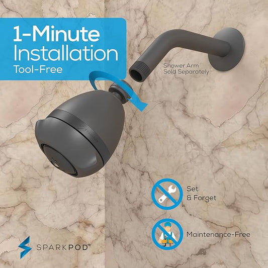 SparkPod High Pressure Shower Head, 3 Inch Fixed Showerhead, Charcoal Grey | Rain, Pulsating & Combo Modes, Helps Boosts Low Water Pressure, Anti-Clog Nozzles, Easy Install