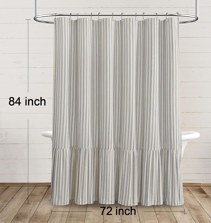 Farmhouse Shower Curtain Ruffle Linen Cream-Grey Stripe 72"W x 84"L | Farmhouse Boho, Striped, Bottom Ruffle, Linen Fabric, Rustic, Country, Natural Look, Washable, for Bathroom Bathtub