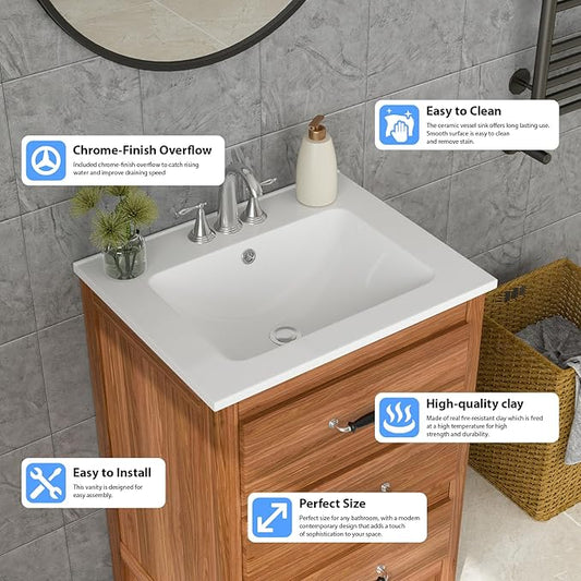 Lordear White Bathroom Sink 3 Holes Drop In 24 X 20 Inch Three Holes Porcelain Ceramic Bathroom Vanity Top Sink Basin 24"