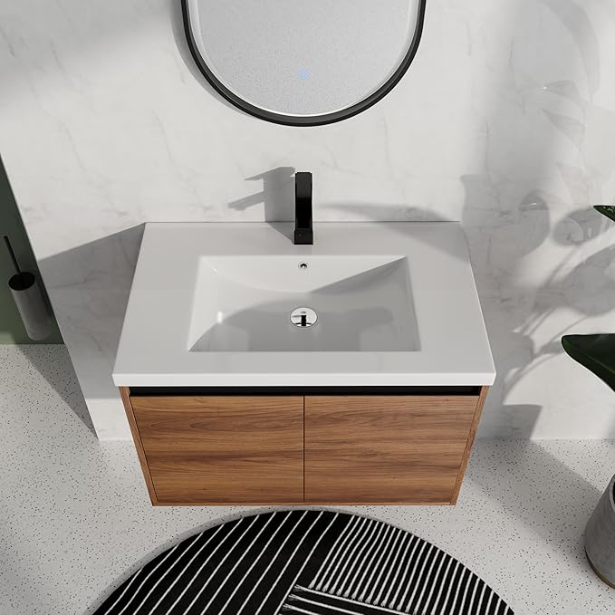 30 Inch Floating Vanity Bathroom,Bathroom Cabinet Vanity,Wooden Cabinet,Wall Mount Floating Vanity Set,Solid Wood Frame, Easy Clean,Brown