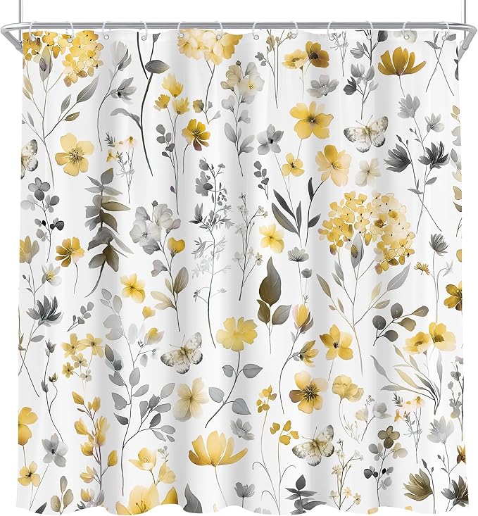 Yellow Gray Grey Flower Floral Wildflower Leaf Bathroom Shower Curtain Set | 72"W x 72"H Leaves Botanical; waterproof HD print, quick-dry fabric and plastic hooks for easy setup.