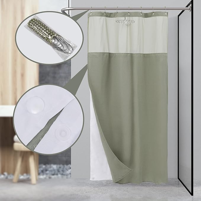 N&Y HOME Stall Waffle Weave Shower Curtain with Snap-in Liner 36x72, Sage | 12 Metal Hooks Included, Snap on/off Fabric Liner, Hotel Style & Mesh Window, Machine Washable, 36x72 Small Shower Stall Size