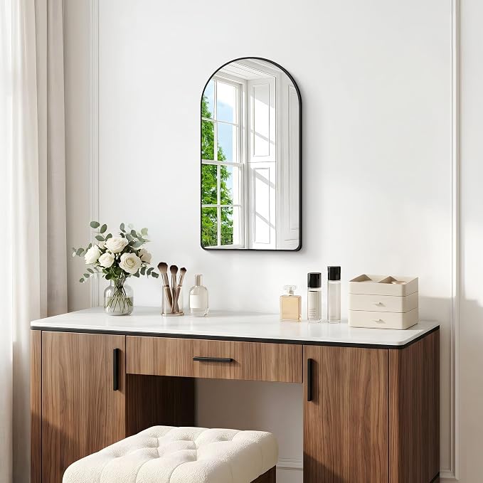 BONEWEI Arched Wall Mirror,18x30 inch Black Arched Mirror Bathroom,Vanity Mirror for Over Sink Metal Frame,Tempered Glass Arch Mirrors for Bedroom,Entryway,Living Room,Home Decor Shatter-Proof