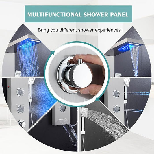Shower Panel System for Bathroom - 6 in 1 Shower Tower with Led | Rainfall Shower Head with 2 Modes Powerful Body Jets, Handheld Shower and Tub Spout, Brass Valves, Brushed