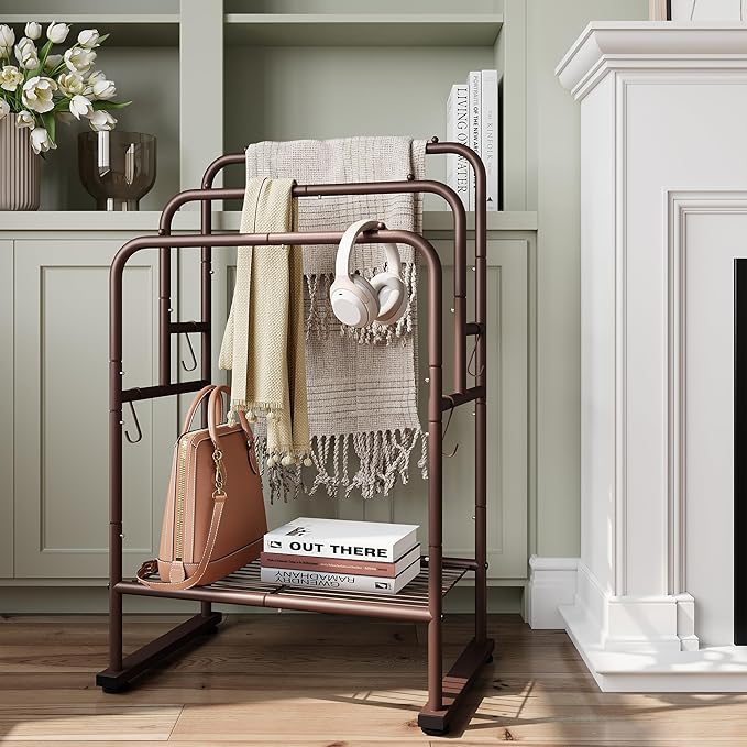 ELYKEN 40" H Freestanding Towel Rack with Shelf, 3 Tier Towel Stand, Bronze | Metal Drying Rack for Oversized Bath Towels & Blankets, 4 Hooks, Indoor & Outdoor Use, Fits Bathroom, Tub, Shower, Poolside
