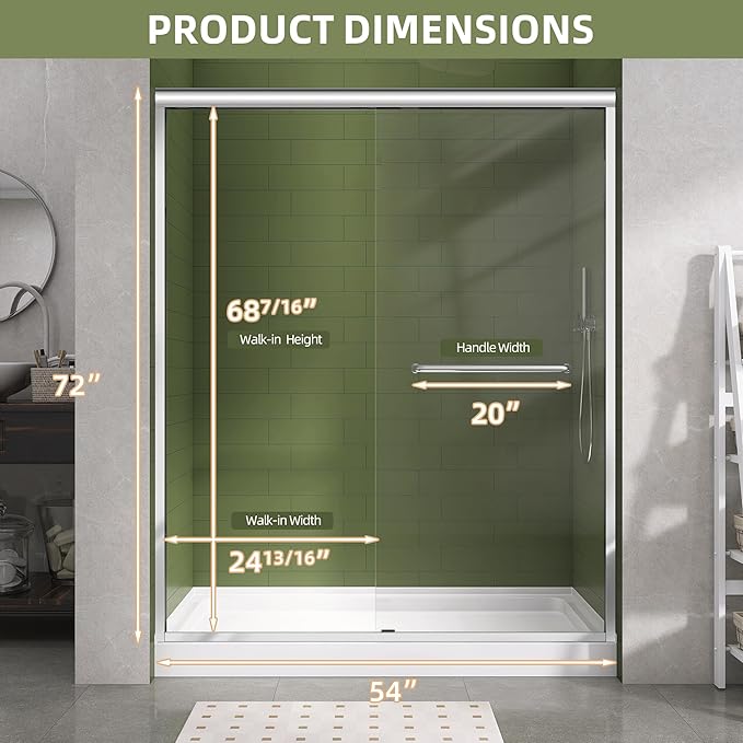 GETPRO Sliding Shower Door 50-54 in. W x 72 in. H Semi-Frameless Bypasss Double Sliding Glass Shower Enclosure,1/4 inch Clear Tempered Glass Door for Walk-in Shower Chrome