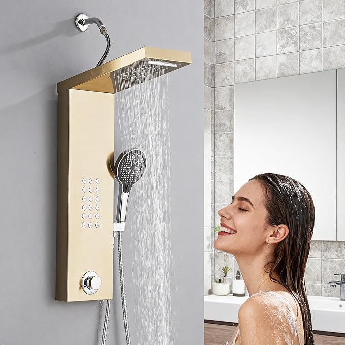 Shower Panel Tower System,Rain Shower Head Rainfall Waterfall Shower,Handheld High Pressure Rain Massage System(Gold)