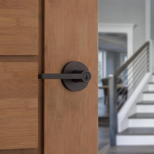 Kwikset Halifax Entry Door Handle with Lock and Key, Secure Keyed Reversible Lever Exterior, for Front Entrance and Bedrooms, Venetian Bronze, 4 Pack, Pick Resistant SmartKey Rekey Security