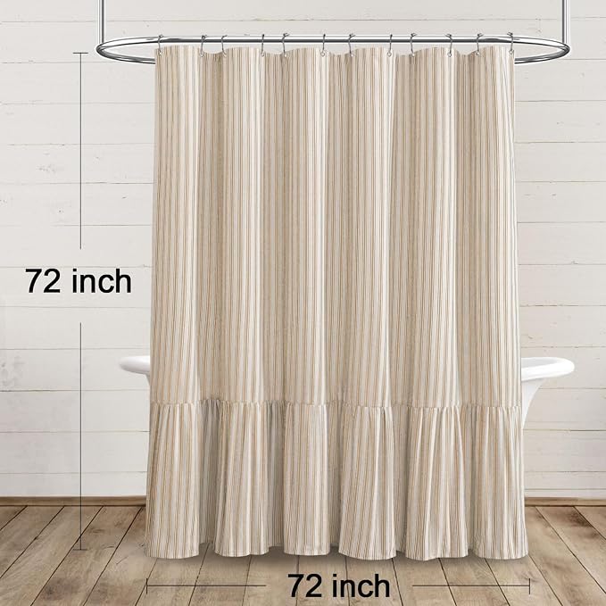Farmhouse Shower Curtain Ruffle Linen Cream-Beige Stripe 72"W x 72"L | Farmhouse Boho, Striped, Bottom Ruffle, Linen Fabric, Rustic, Country, Natural Look, Washable, for Bathroom Bathtub