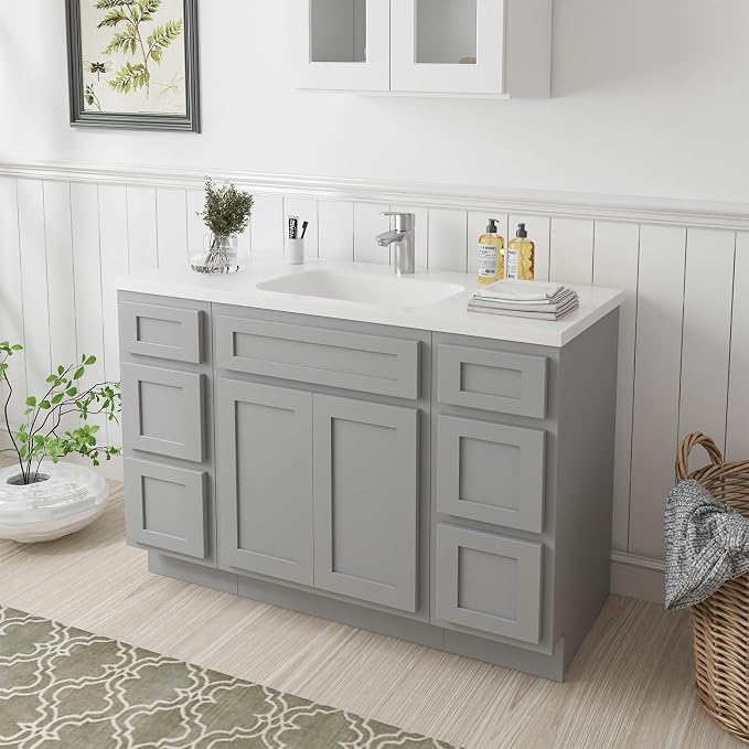 60 Inch Bathroom Vanity Base Only, Single Vanity Cabinet with 5 Dove-Tailed Drawers, Soft-Closing Doors, Gray, Without Top,Small
