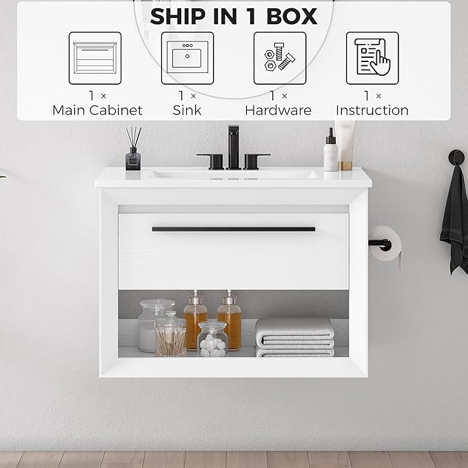IRONCK 30" Bathroom Vanity with Sink, Wall Mounted Bathroom Vanity with 1 Drawer & 1 Open Shelf, Modern Floating Bathroom Sink Cabinet with Undermount Ceramic Sink, Easy Assembly, White