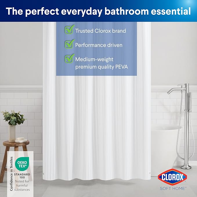 Clorox Shower Curtain Liner, Premium Striped Medium-Weight Durable Waterproof 6g PEVA for Bathroom with Weighted Magnets, Printed Standard Size 72" x 72", White