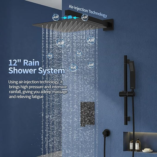 SR SUN RISE 12 Inch Square Shower System with Slide Bar,Matte Black | Rain Head and Handle System,16" Adjustable Shower Slide Bar,Soild Brass,Wall Mount,Included Valve and Trim Kit