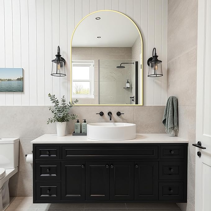 Arched Bathroom Vanity Mirror for Over Sink, 40”x30”, Gold | HD Tempered Glass, Anti-Rust Metal Frame, Hanging or Leaning, Wall Mirrors for Bathroom Sink, Bedroom, Living Room, Entryway