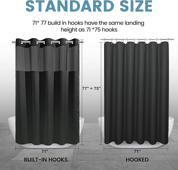 EUTXL Heavyweight No Hook Shower Curtain with Liner, Black,71x77 | Snap in Liner, 256GSM Thick Waffle Fabric, Hotel Luxury Spa, Corner Magnets, Quick Dry, Waterproof & Washable, Long Size