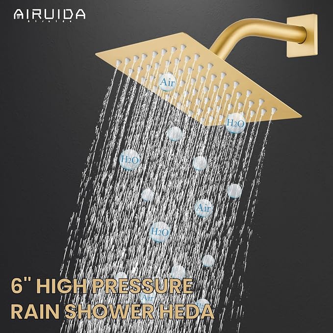 Airuida 6 Inch Shower Faucet Set,Bathtub Faucet Kit,Brushed Gold | Shower Tub Faucet Set,Male Threads Rough-In Valve,Square Head Shower System