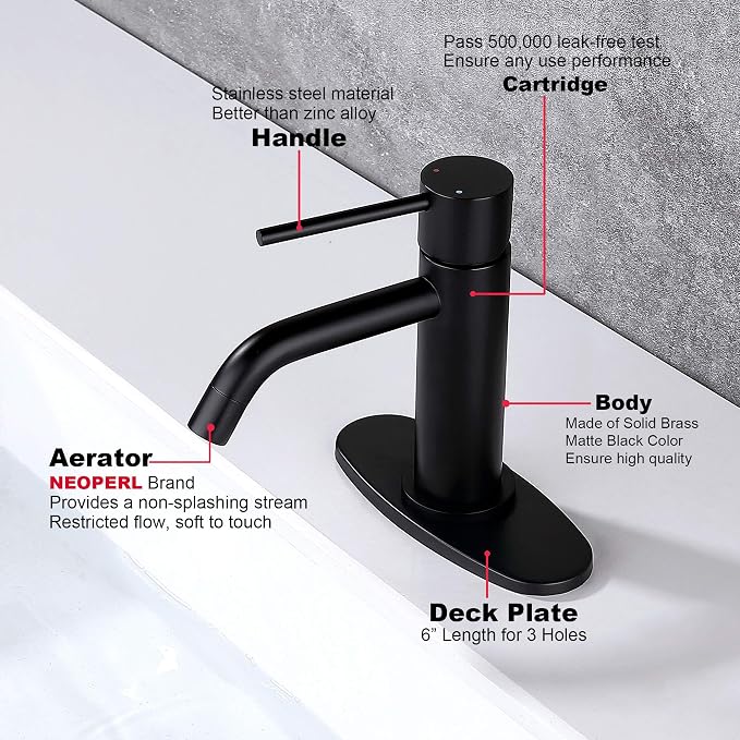 Matte Black Bathroom Faucet Single Hole, JXMMP Single Handle Bathroom Sink Faucets with Pop Up Drain and 6 inch Deck Plate and cUPC Water Supply Hose