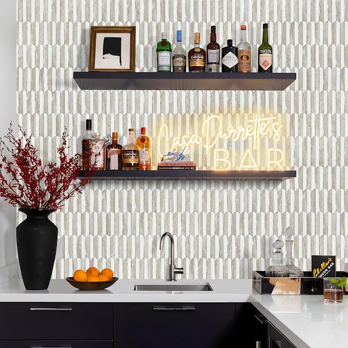 Vamos Peel and Stick Backsplash Seamless Tile for Kitchen and Bathroom,White and Beige Slate PVC Mixed Light Gold Self Adhesive Fish Scale Metal Mosaic Tiles (10 Sheets)