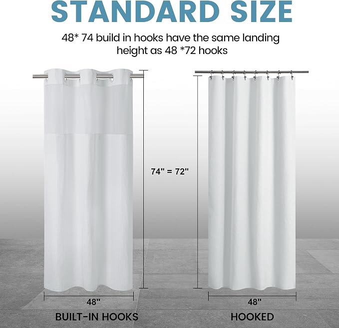 EUTXL Heavyweight No Hook Shower Curtain with Liner, White, 48x74 | Snap in Liner, Thick Waffle Fabric, Hotel Quality, Corner Magnets, Waterproof & Washable