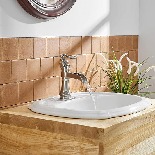 BWE Waterfall Bathroom Faucet Brushed Nickel with Pop Up Drain Parts Assembly and Supply Hose Rv Single-Handle Single Hole Vanity Lavatory Sink Commercial