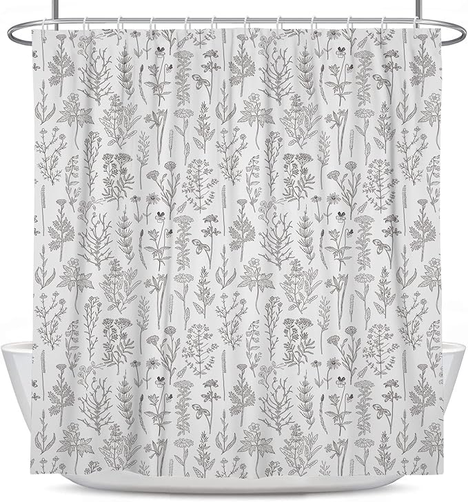 Coxila Vintage Floral Shower Curtain Black and White Flower Retro Rustic Country Farmhouse Grey Gray Cute Antique Spring Plant Botanical Cottagecore Bathroom 60x72 Inch Polyester Fabric 12 Pack Hooks